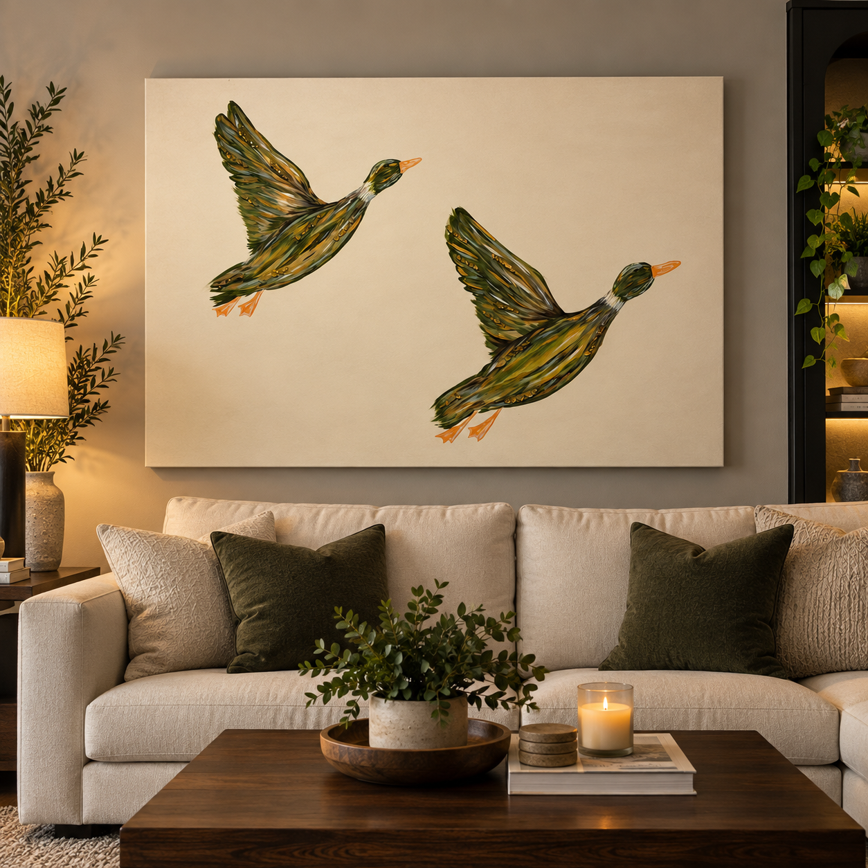 Hand-painted canvas of two mallards in flight hanging above a sofa