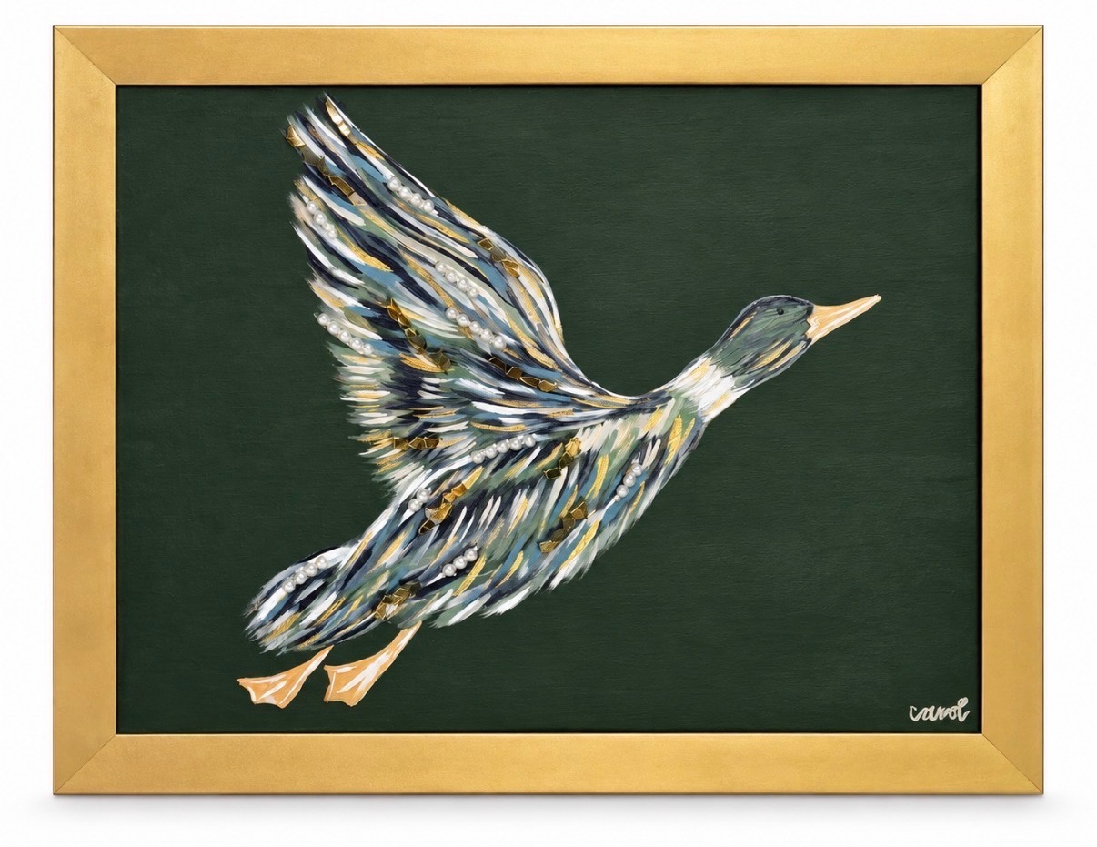 Mallard with pearls and gold on forest green