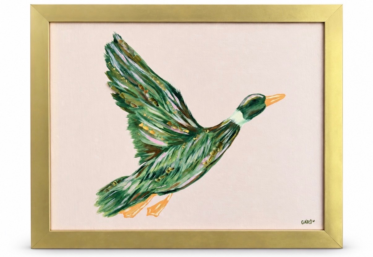 Green jeweled mallard on a blush canvas