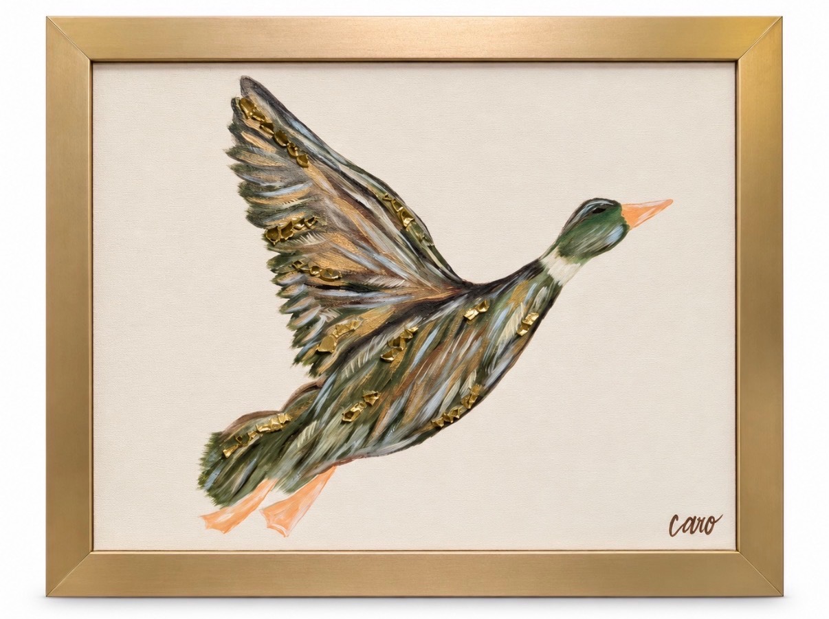 Olive and gold mallard on a cream canvas