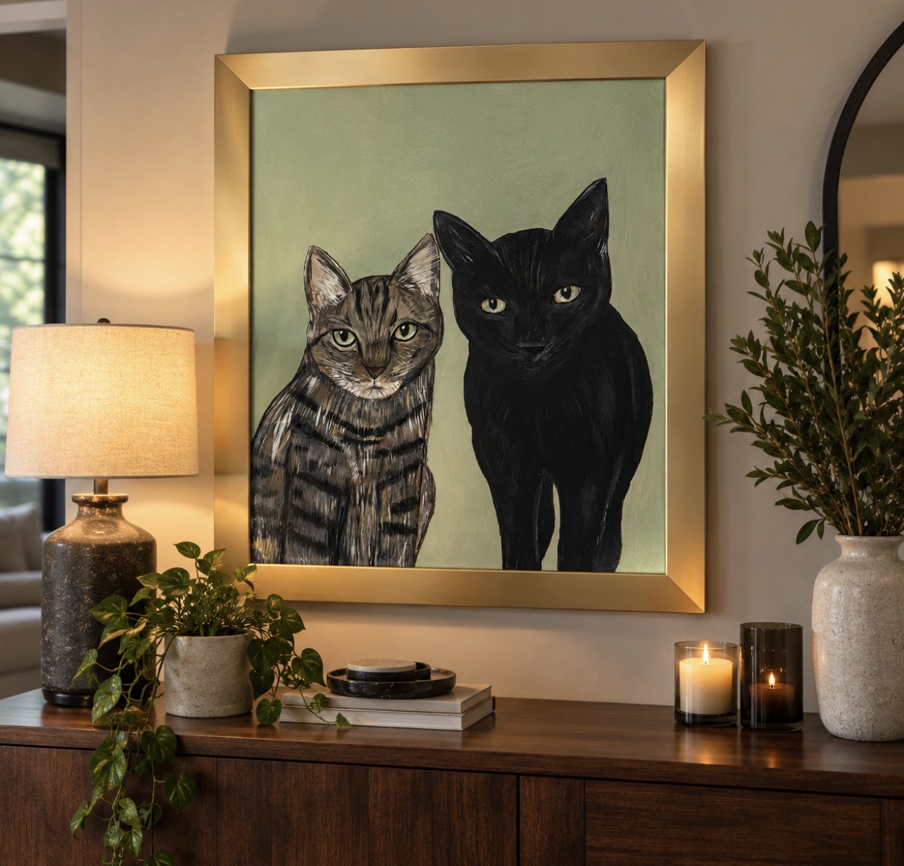 Hand-painted portrait of a tabby and a black cat in a gold frame